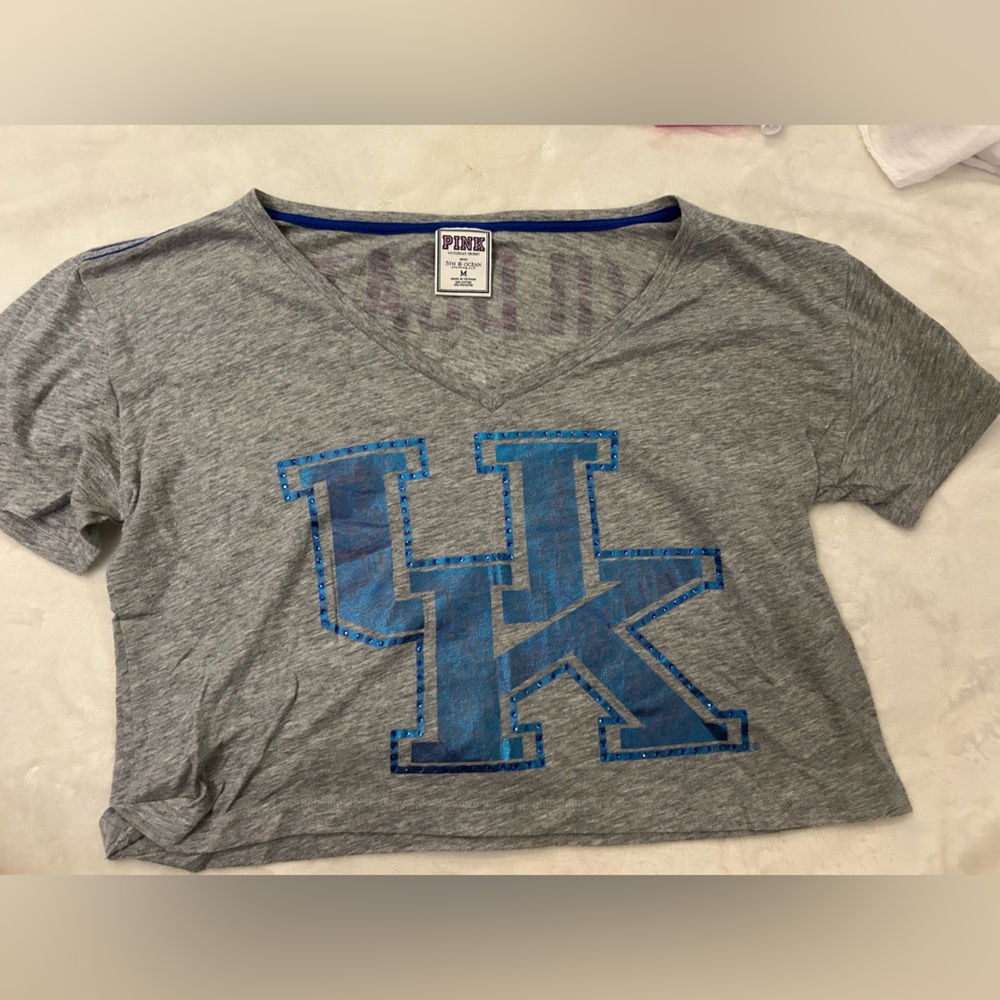 PINK Victoria's Secret Gray Tee with Purple and Blue Accents